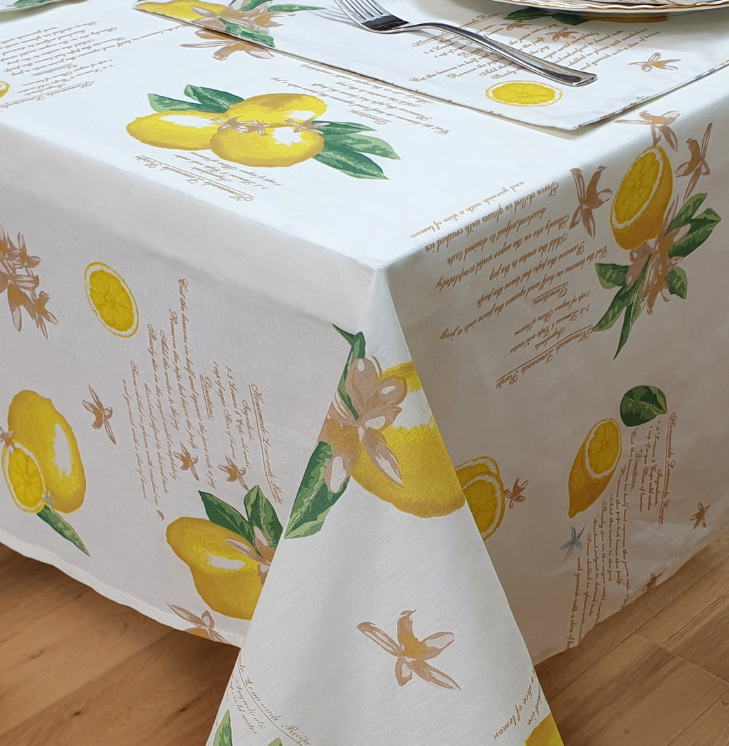 Lemons - Table Cloth Range Country Cottage Cotton Citrus Fruit Lemonade Recipe Yellow Green