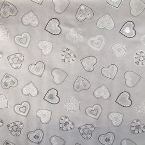 PVC Love Hearts Grey - Wipe Clean Table Cloth Silver Lace Floral Vine Dash