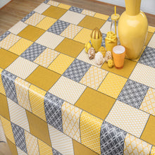 Load image into Gallery viewer, PVC Pattern Tile Yellow - Wipe Clean Table Cloth Mustard Grey White Lattice Geometric
