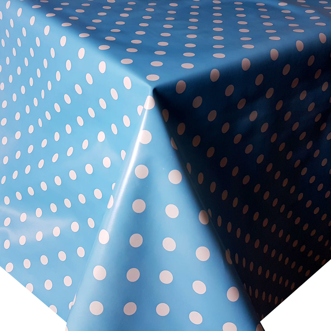 PVC Polka Sky Blue - Wipe Clean Table Cloth Dots White