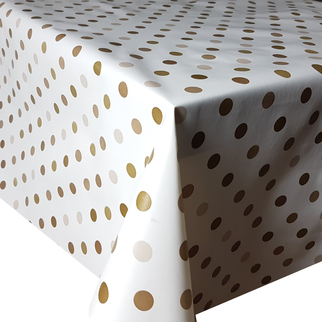PVC Polka Gold - Wipe Clean Table Cloth Dots White Mink Tan Beige
