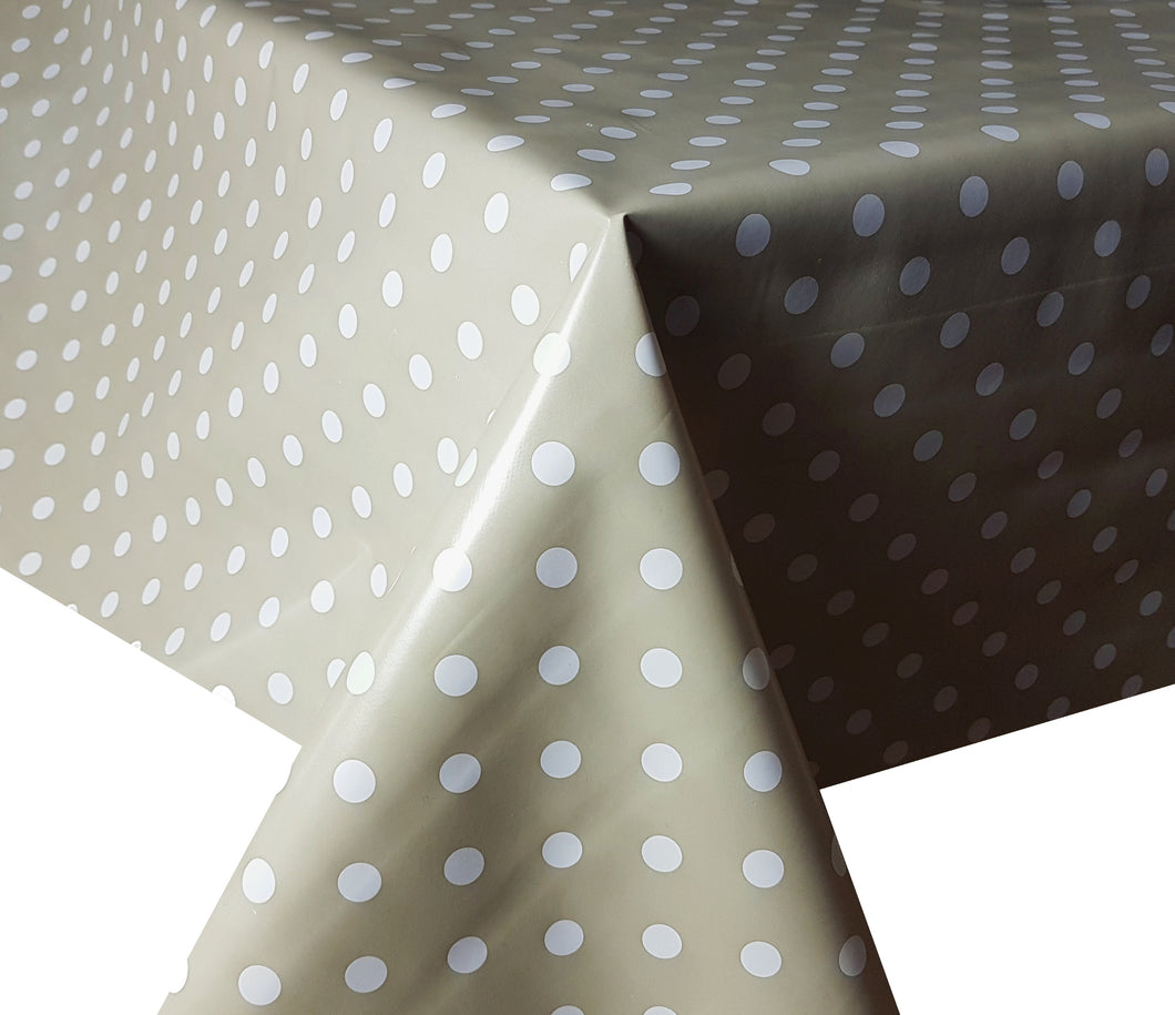 PVC Polka Mink - Wipe Clean Table Cloth Dots White Taupe