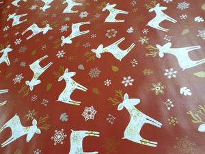 PVC Reindeer Red - Wipe Clean Table Cloth Xmas Deer Snowflake White Grey Gold