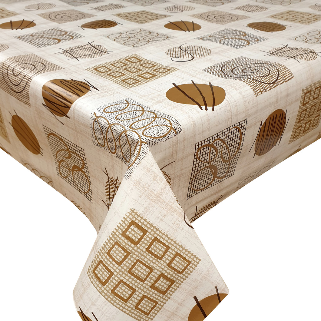 PVC Retro Circles Brown - Wipe Clean Table Cloth Abstract Shapes Grid