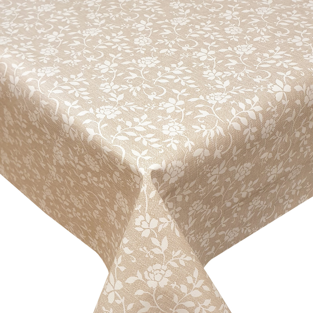 PVC Rosita Flower Taupe - Wipe Clean Table Cloth Floral Vine Leaf Beige White