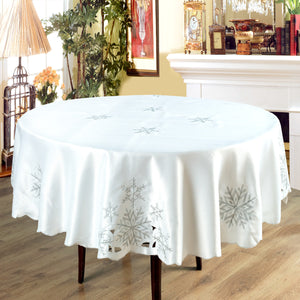 Snowflake White Silver - Christmas Table Cloth Range Embroidered Faux Silk