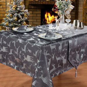 Large Stag Grey Silver - Christmas Table Cloth Range Charcoal Slate Black