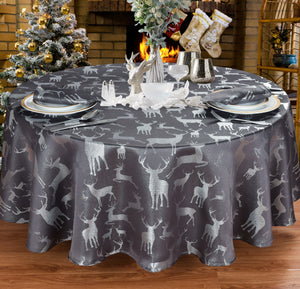 Large Stag Grey Silver - Christmas Table Cloth Range Charcoal Slate Black