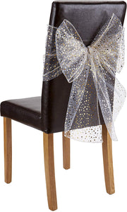 Chair Bows Gold Stars On White - Pack Of 2, Festive Christmas Wedding Party Decorative Range
