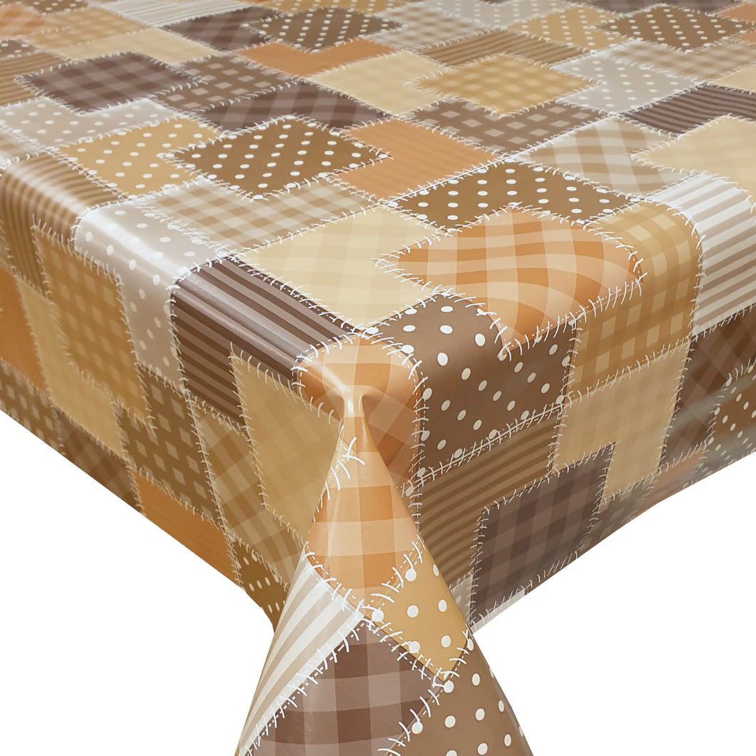 PVC Stitch Patch Natural - Wipe Clean Table Cloth Polka Dot Stripes Gingham Check Brown Beige Latte