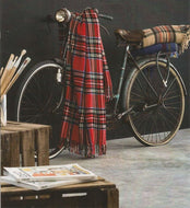 Tartan Check Natural Throw 130cm x 170cm - Red Blue Tasselled