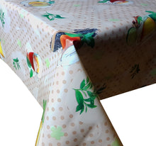 Load image into Gallery viewer, PVC Herbal Tea Natural - Wipe Clean Table Cloth Leaves Lime Beige Polka Dot Pots
