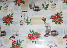 Load image into Gallery viewer, PVC Tea Time Red - Wipe Clean Table Cloth Flowers Polka Dot Pie Cakes
