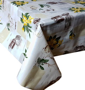 PVC Tea Time Yellow - Wipe Clean Table Cloth Flowers Polka Dot Pie Cakes