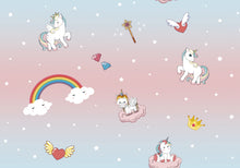 Load image into Gallery viewer, PVC Unicorns - Wipe Clean Table Cloth Clouds Rainbows Gems Wand Pink Blue Stars
