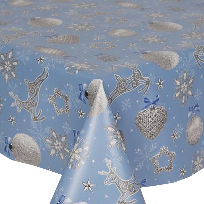 PVC Sparkle Blue - Wipe Clean Table Cloth Xmas Decorations Baubles Deer Snowflake Silver Grey