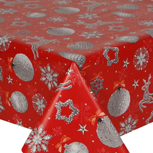 PVC Sparkle Red - Wipe Clean Table Cloth Xmas Decorations Baubles Deer Snowflake Silver Grey