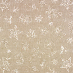 PVC Xmas Decor Taupe - Wipe Clean Table Cloth Festive Decorations Gingerbread Baubles Sleigh Star Snowflakes Beige
