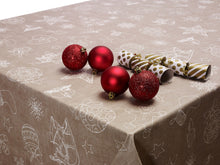 Load image into Gallery viewer, PVC Xmas Decor Taupe - Wipe Clean Table Cloth Festive Decorations Gingerbread Baubles Sleigh Star Snowflakes Beige
